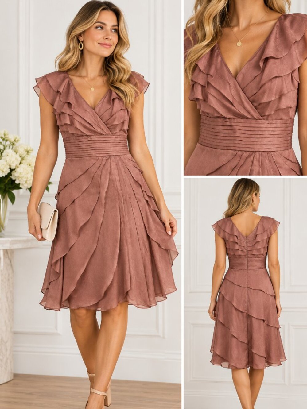 Adrianna Papell Size 12 Dusty Rose Ruffle Cocktail Dress Wedding Guest Formal